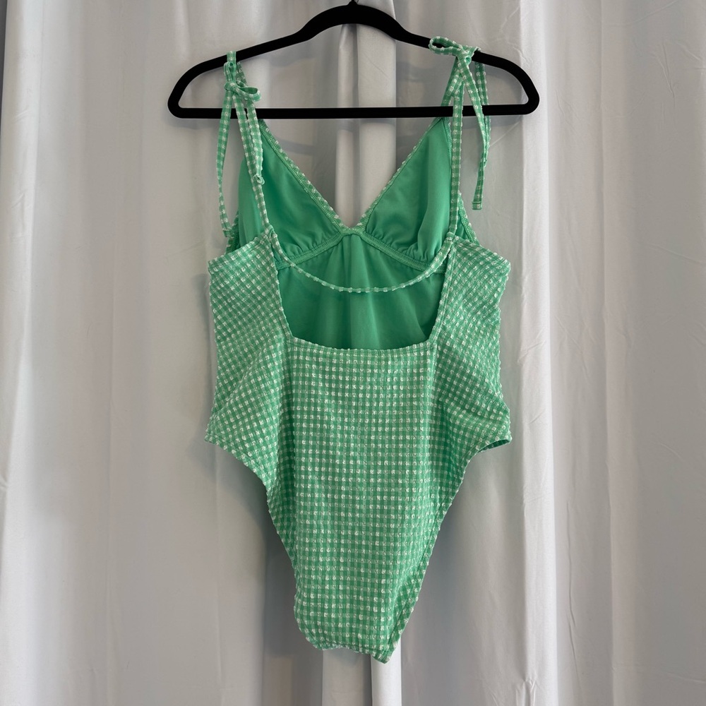 Time and Tru Gingham One Piece Swimsuit Tie Shoulder Women’s Large 12-14 Green - Picture 4 of 7